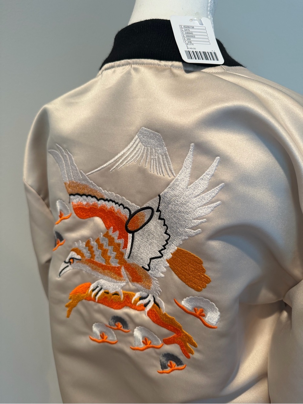 Urban Renewal Cream Satin Embroidered Crane Bomber Jacket with Orange Accents - Picture 4 of 5